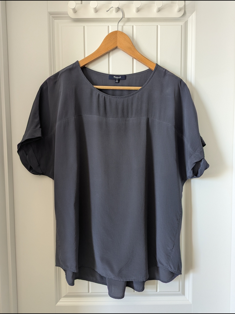 Madewell Short-Sleeve Round-Neck Blouse 100% Silk Slate Blue Medium